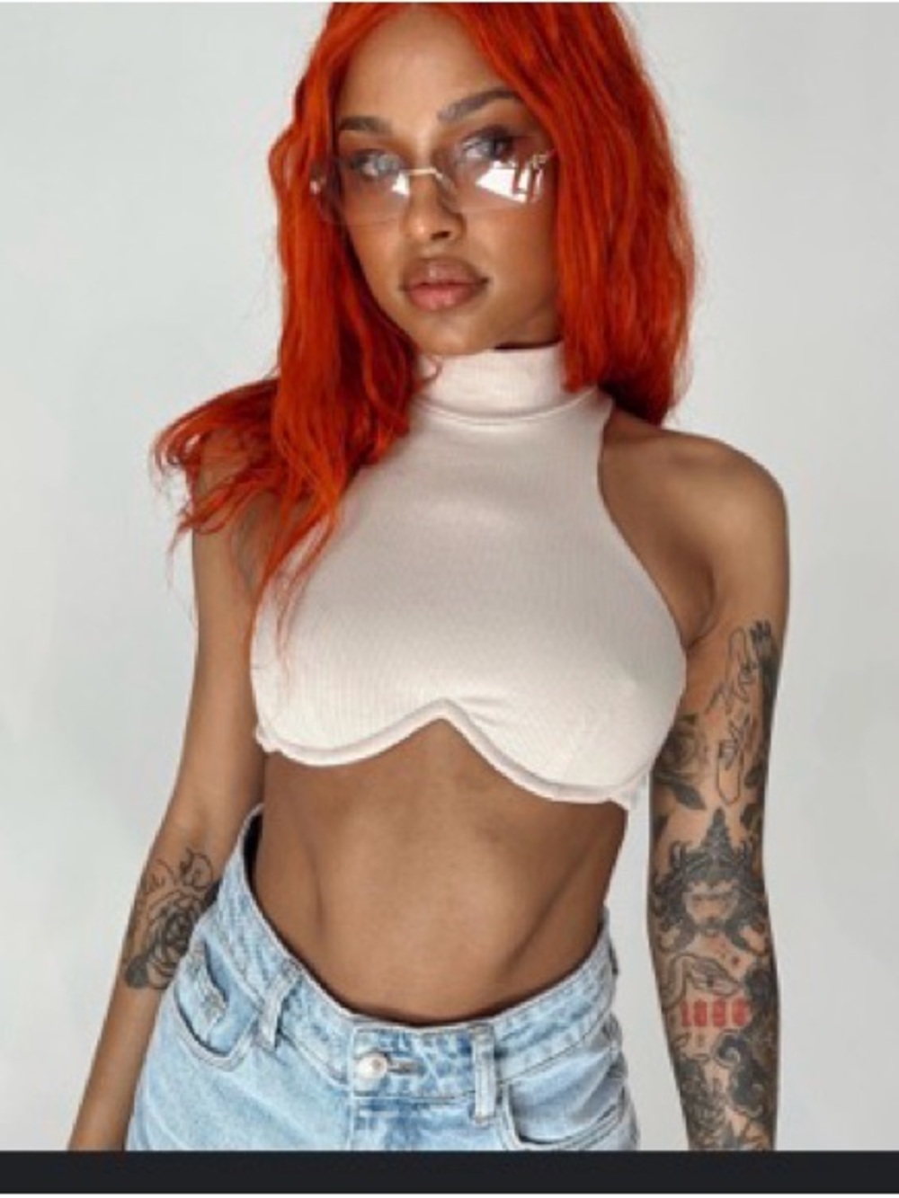 Princess Polly Cream High Neck Scallop Crop Top